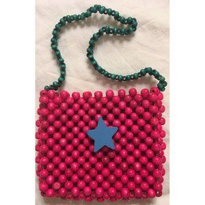 ADORABLE Girls Purse Pink Turquoise Green Wooden Beads, Blue Star